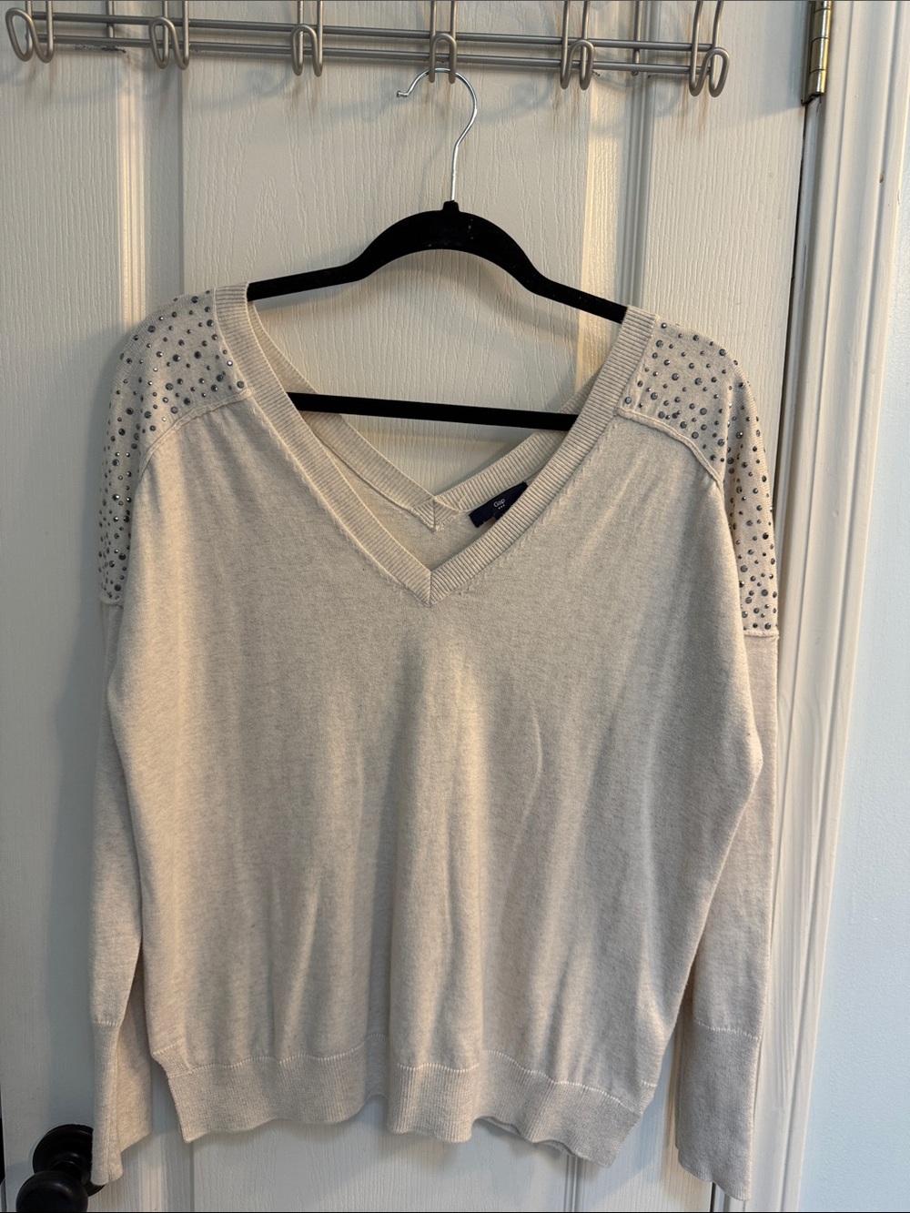 GAP Cream V-Neck Sweater with Studded Shoulder Detail